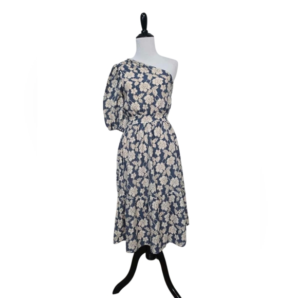 NSR Nordstrom Blue Navy Cream Floral One Shoulder Lace Midi Dress Size XS - Picture 2 of 5